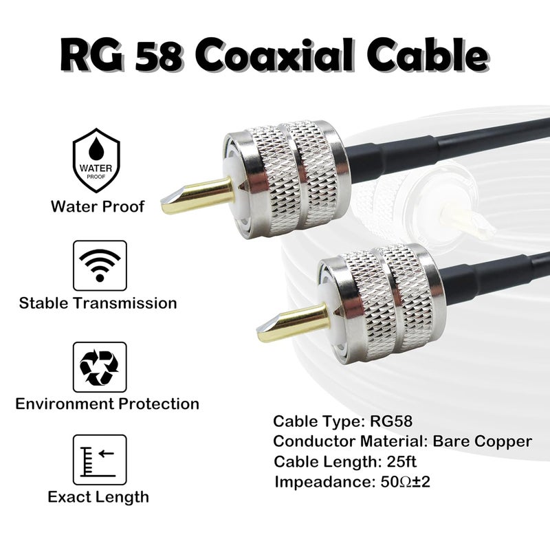 Rydocyee CB Coax Cable 25 Feet Solid Copper, UHF Male PL-259 to UHF Male PL-259 Low Loss, RG58 Coaxial Cable 50 Ohm Coax for CB Radio, Ham Radio, SWR Meter, Police Scanner, Antenna Tuner (25FT) - Image 2